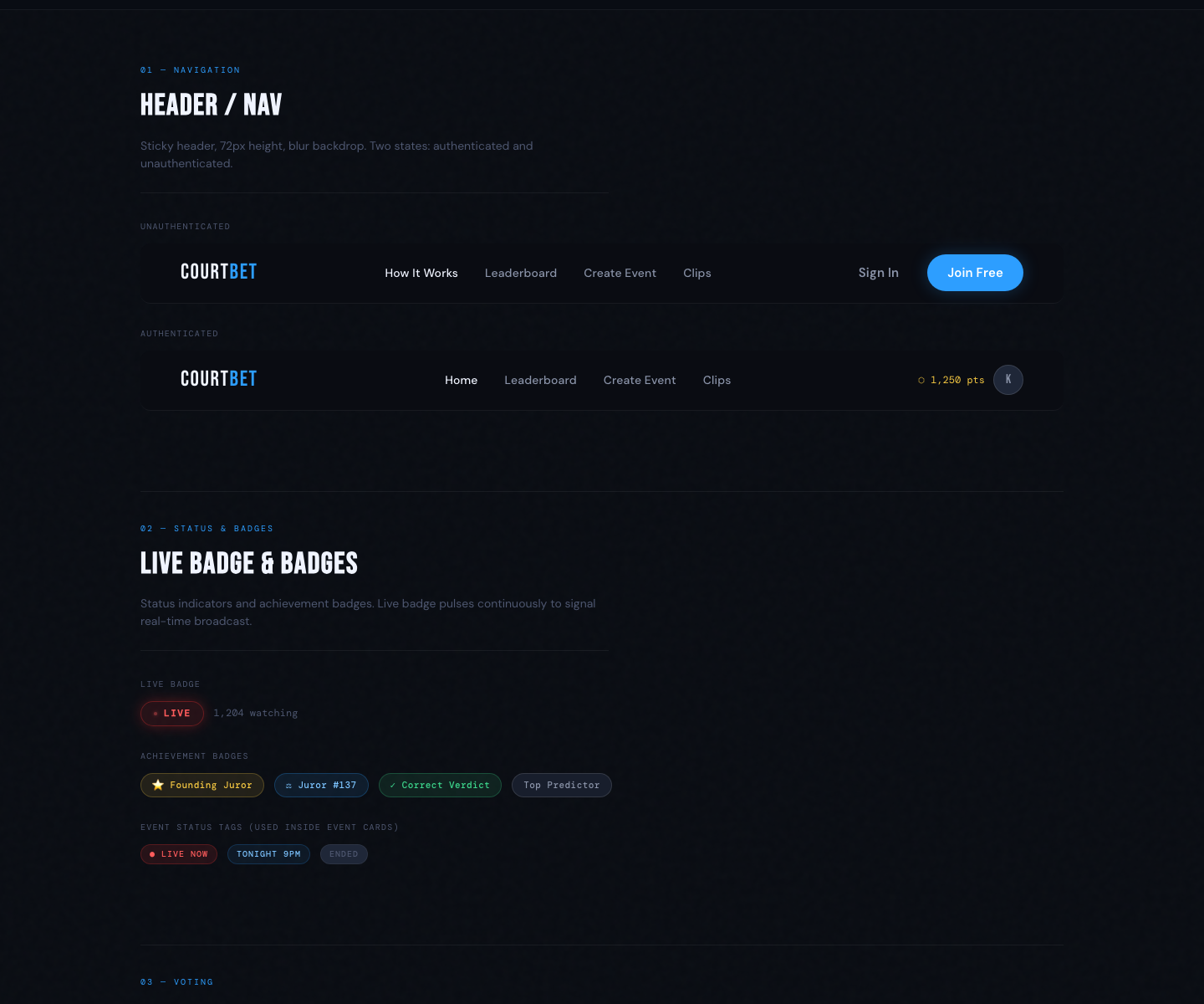 CourtBet component library: header, badges, vote buttons, verdict bar, speaker tiles