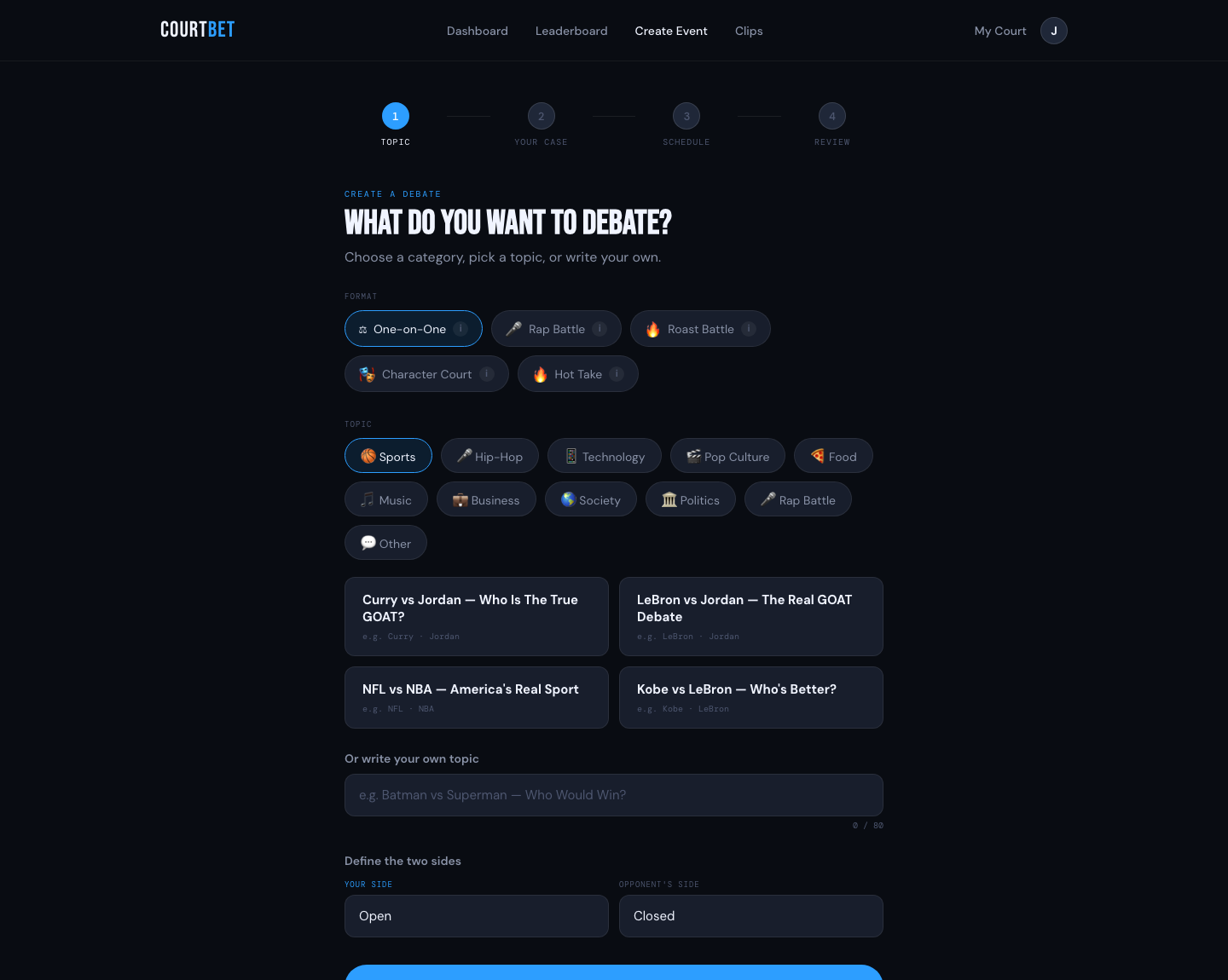 The create-debate wizard, step one: pick a topic and define the two sides