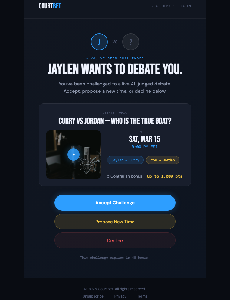 Challenge email: Jaylen wants to debate you, with accept, propose new time, decline