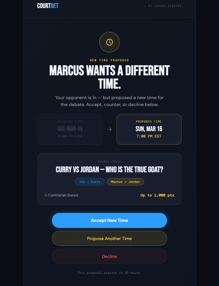 Negotiation email: Marcus wants a different time, original and proposed side by side