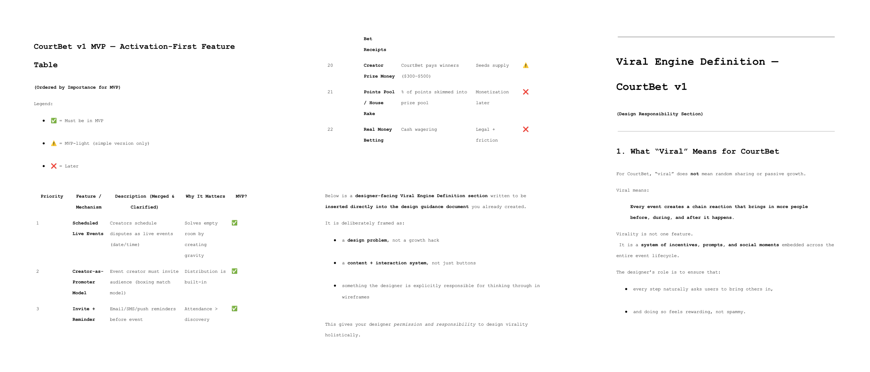 Pages from the MVP spec: the prioritized feature table with must-have, light, and later markings, and the viral engine definition