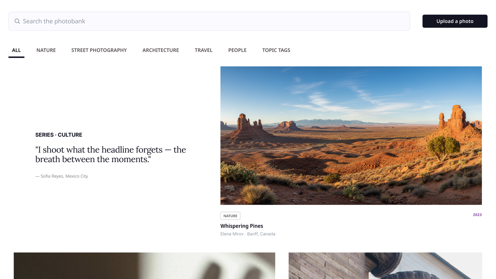Photobank final design: search, category tabs, and a featured editorial lead