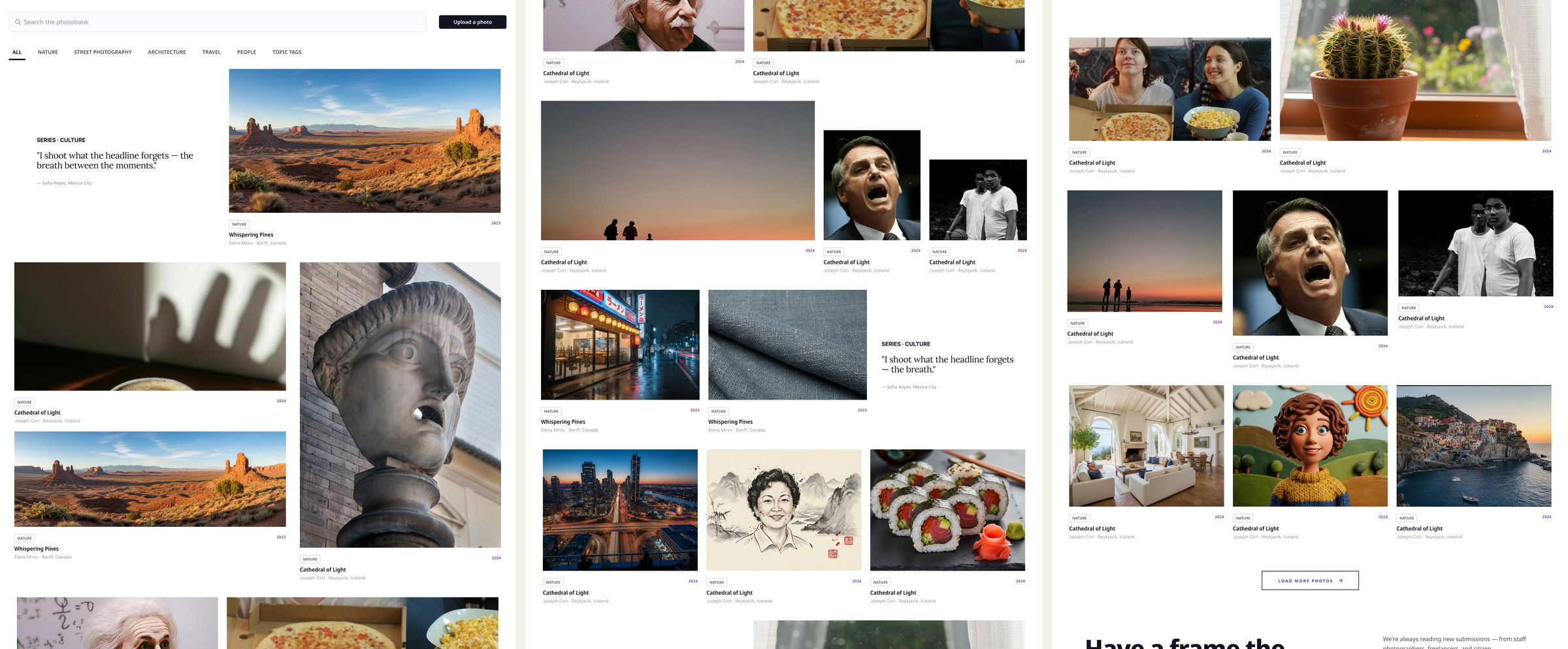 The final Photobank page in full, shown in three columns: search and featured lead, category sections, and the closing call to action