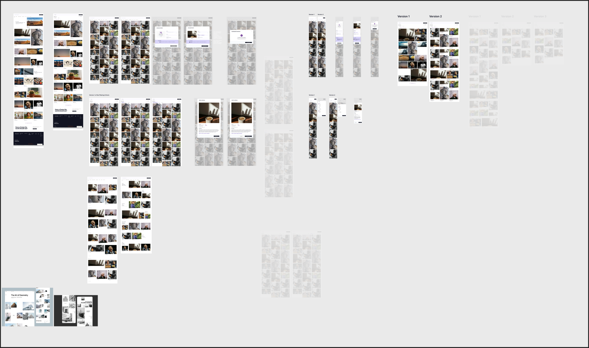 The full Figma canvas: every iteration of the photobank laid out together
