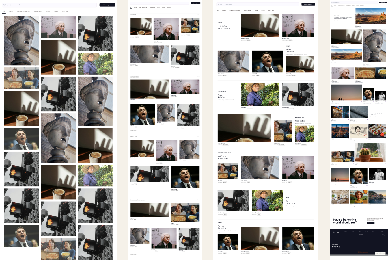 Four versions of the photobank side by side: dense grid, whitespace redesign, tighter middle, and the balanced final