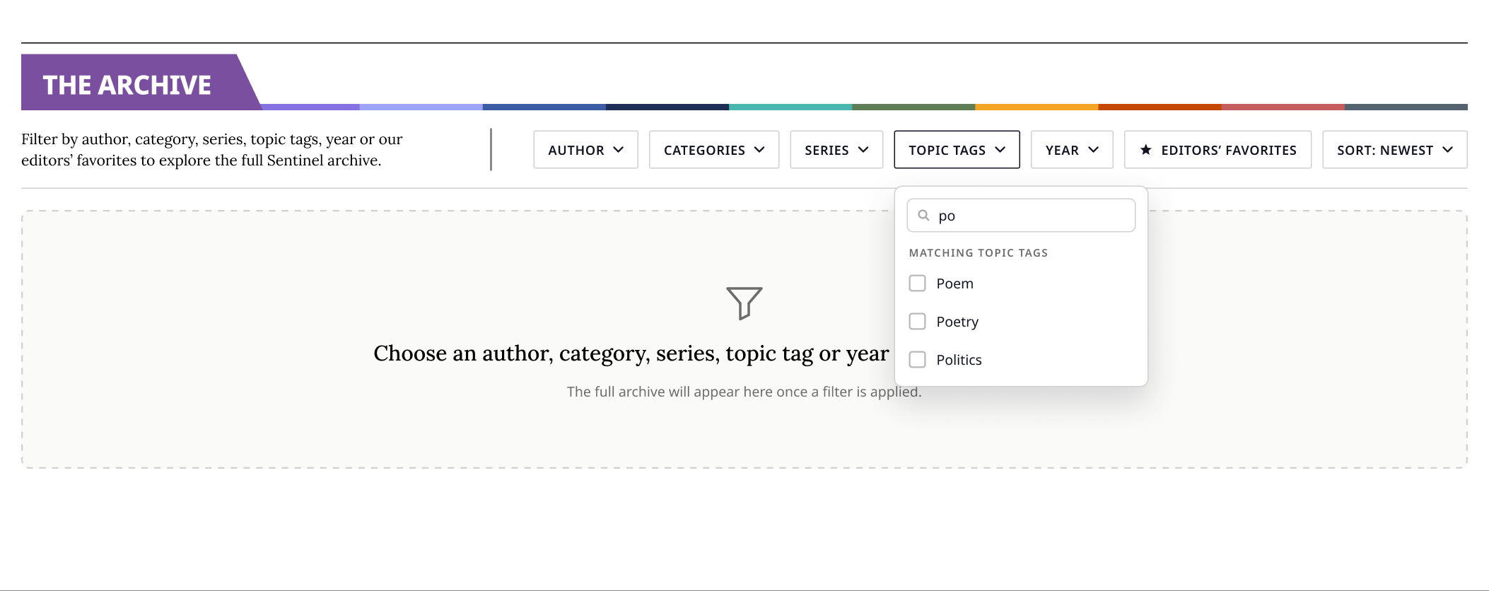 Typing in the Topic Tags search, live-filtering matching tags