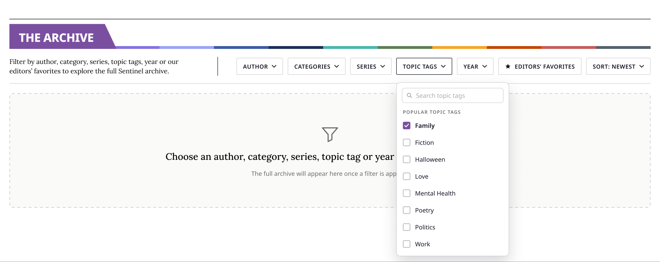The Topic Tags dropdown open, with search and a popular-tags list