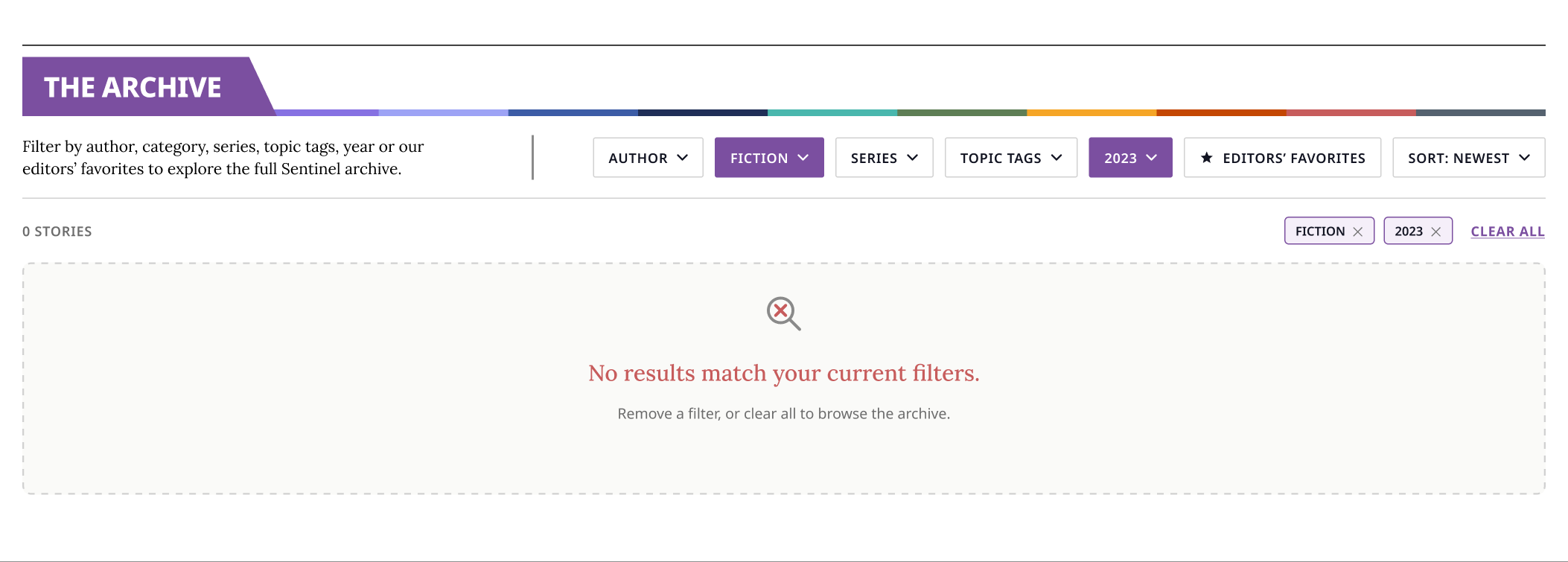 The zero-results state with a magnifier icon and guidance to remove a filter