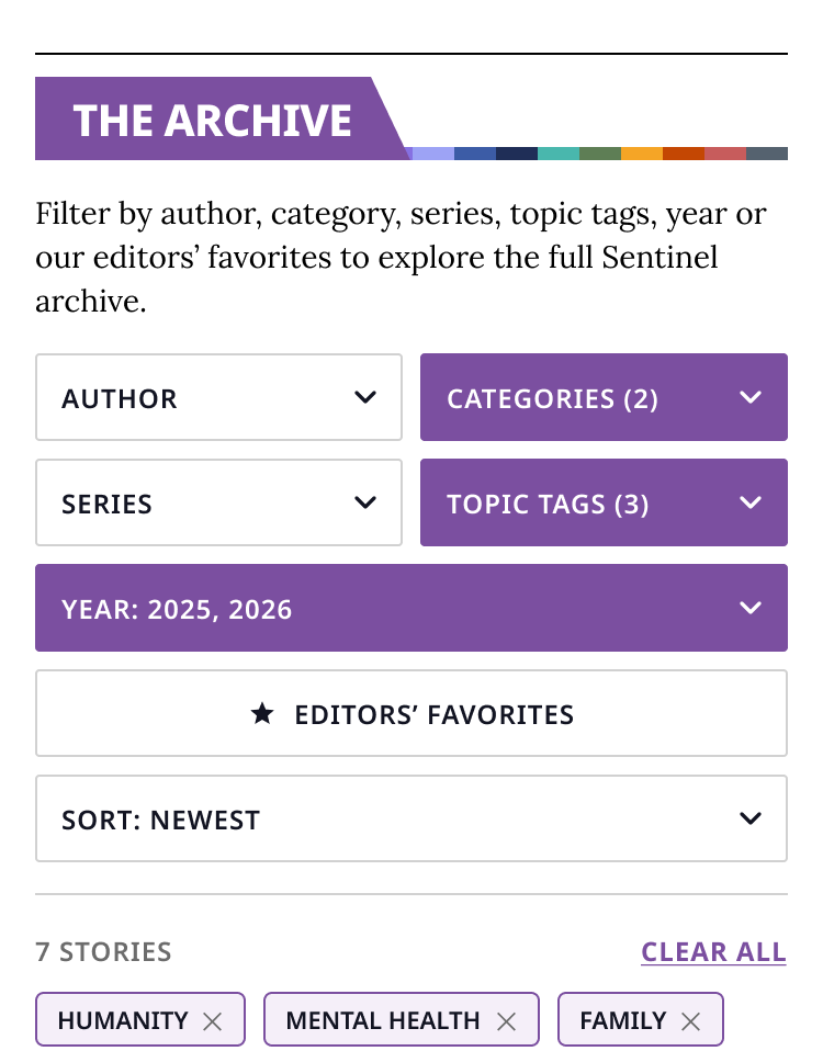 The Archive on mobile with stacked filter controls