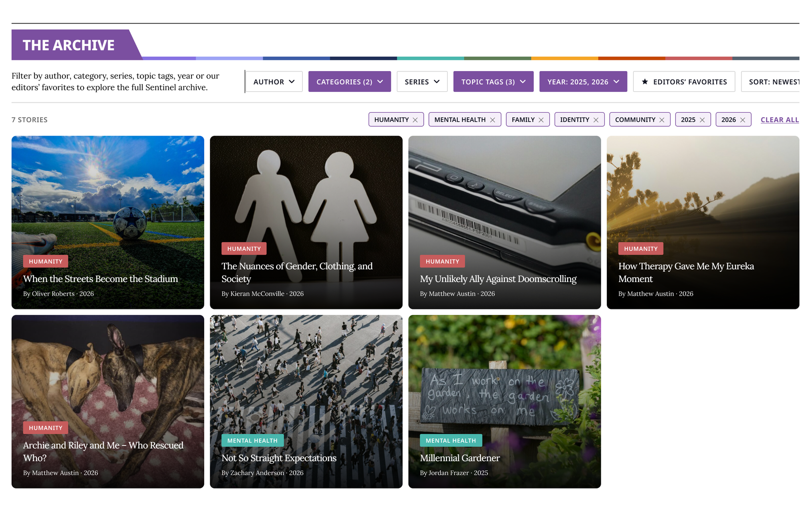 The Archive on desktop with multiple filters applied, removable chips, and Clear All