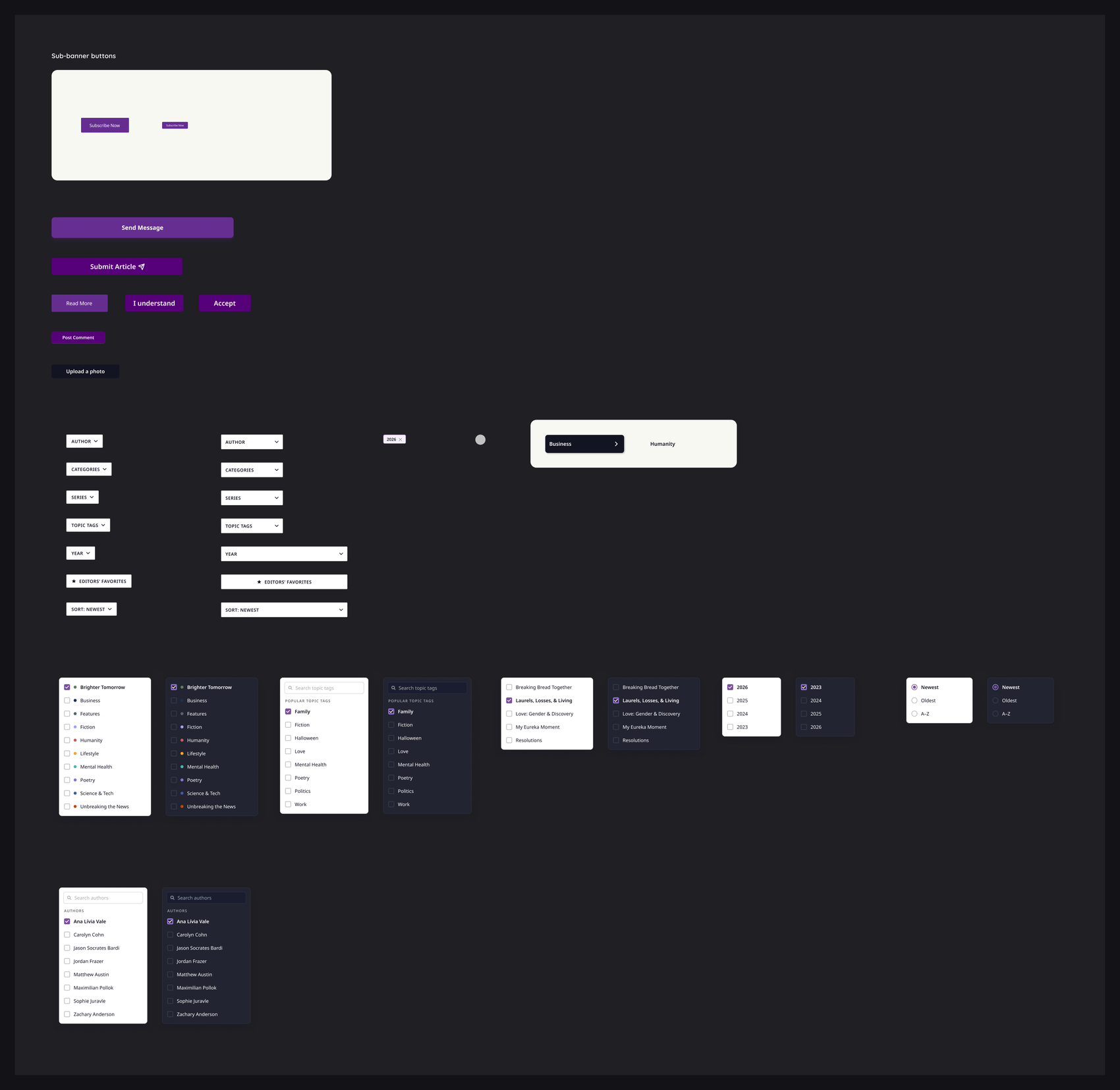 Buttons and filter components: CTAs, dropdown sets, open filter panels, and the author search list