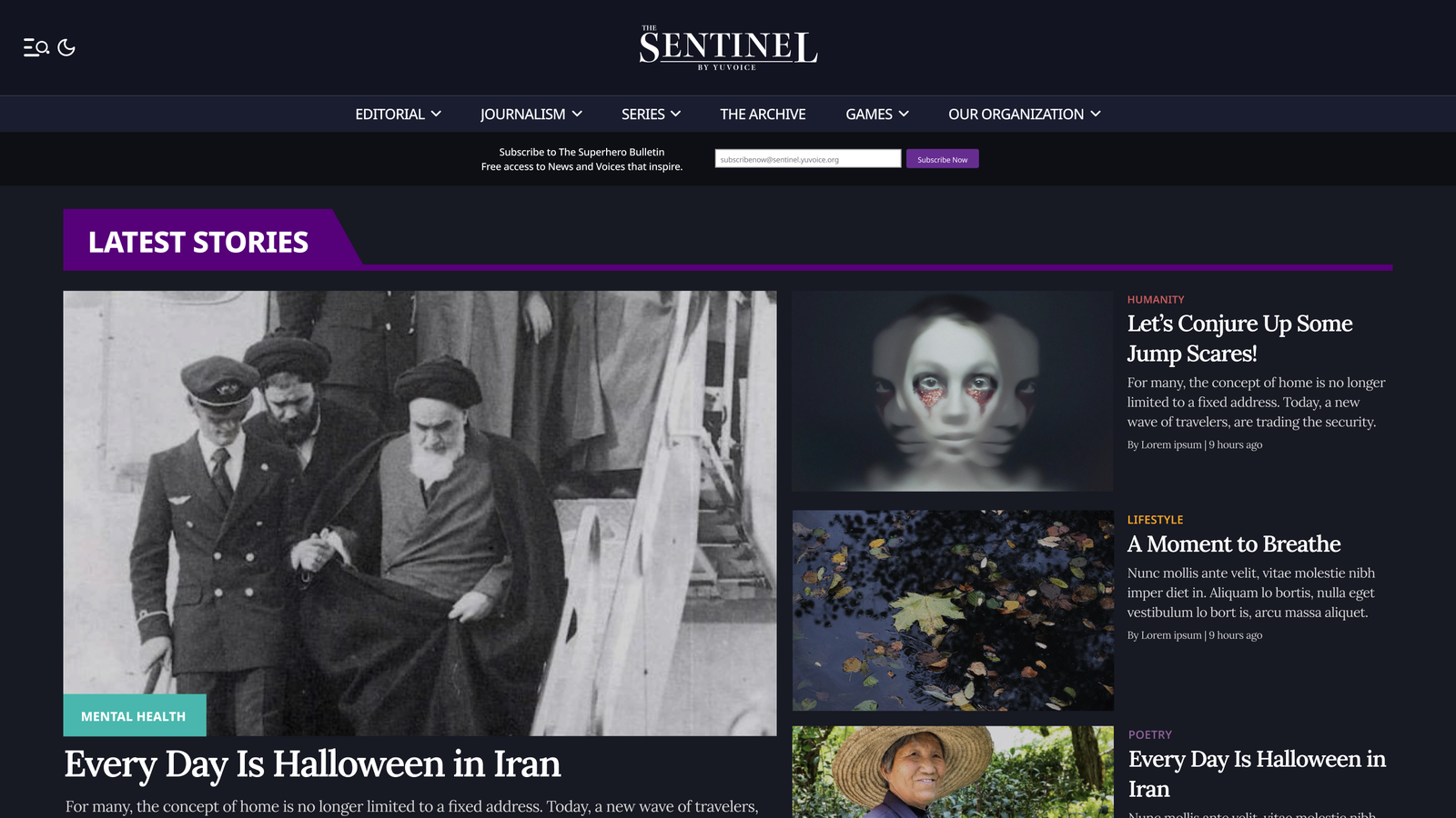 The Sentinel homepage in dark mode with the redesigned five-category navigation