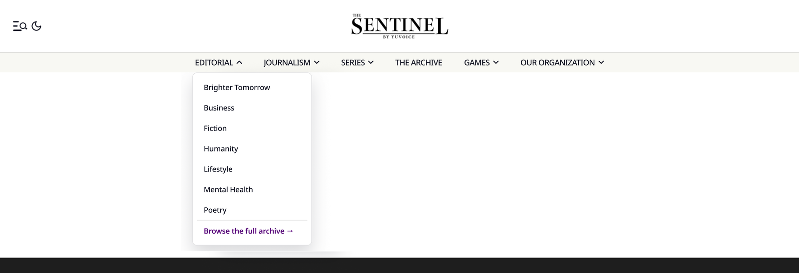 Desktop navigation with the Editorial dropdown open