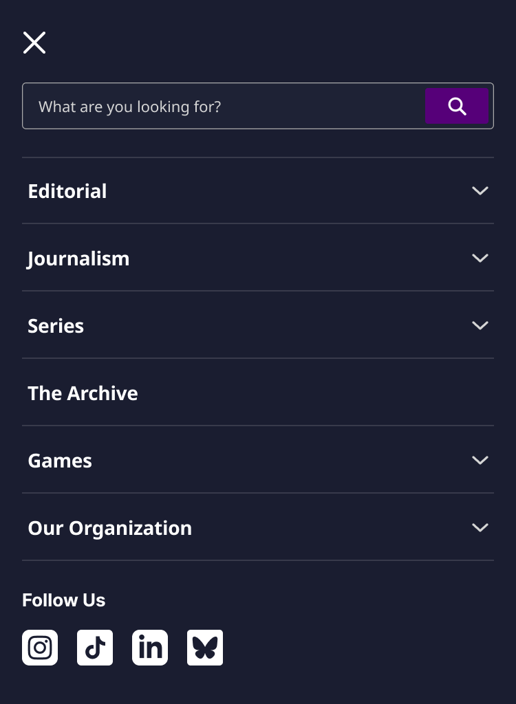 Mobile menu, all categories collapsed