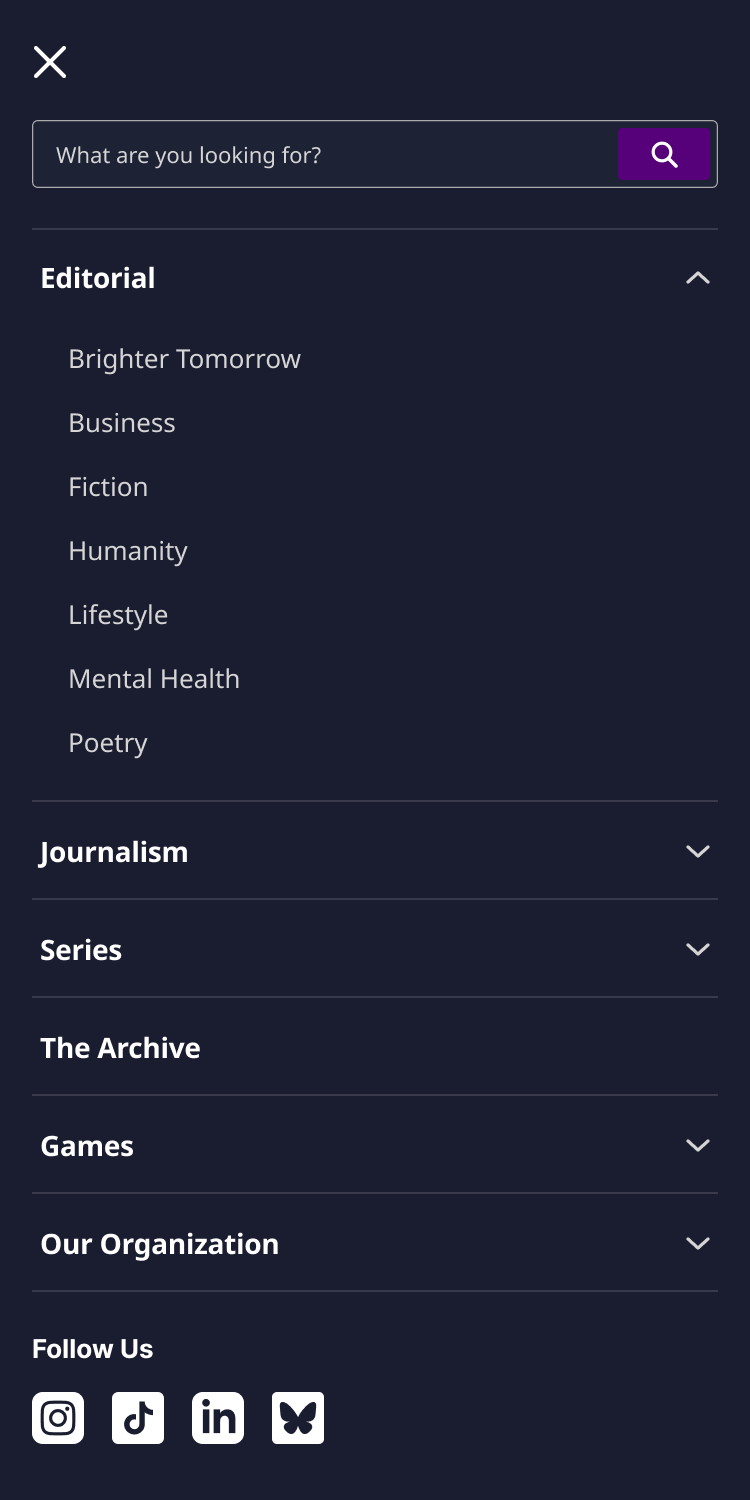 Mobile menu with Editorial expanded