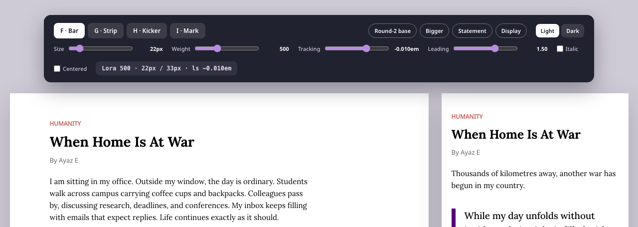 Interactive type tool with sliders for size, weight, tracking and leading above the live article