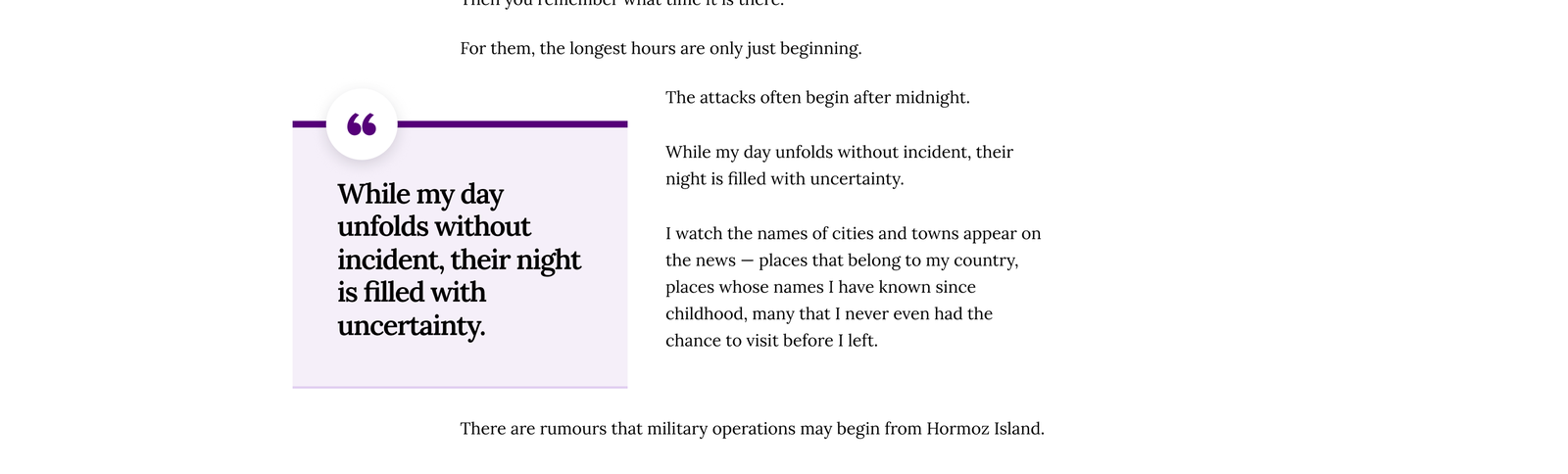 Final pull quote design inside a live article on desktop, body text wrapping beside it